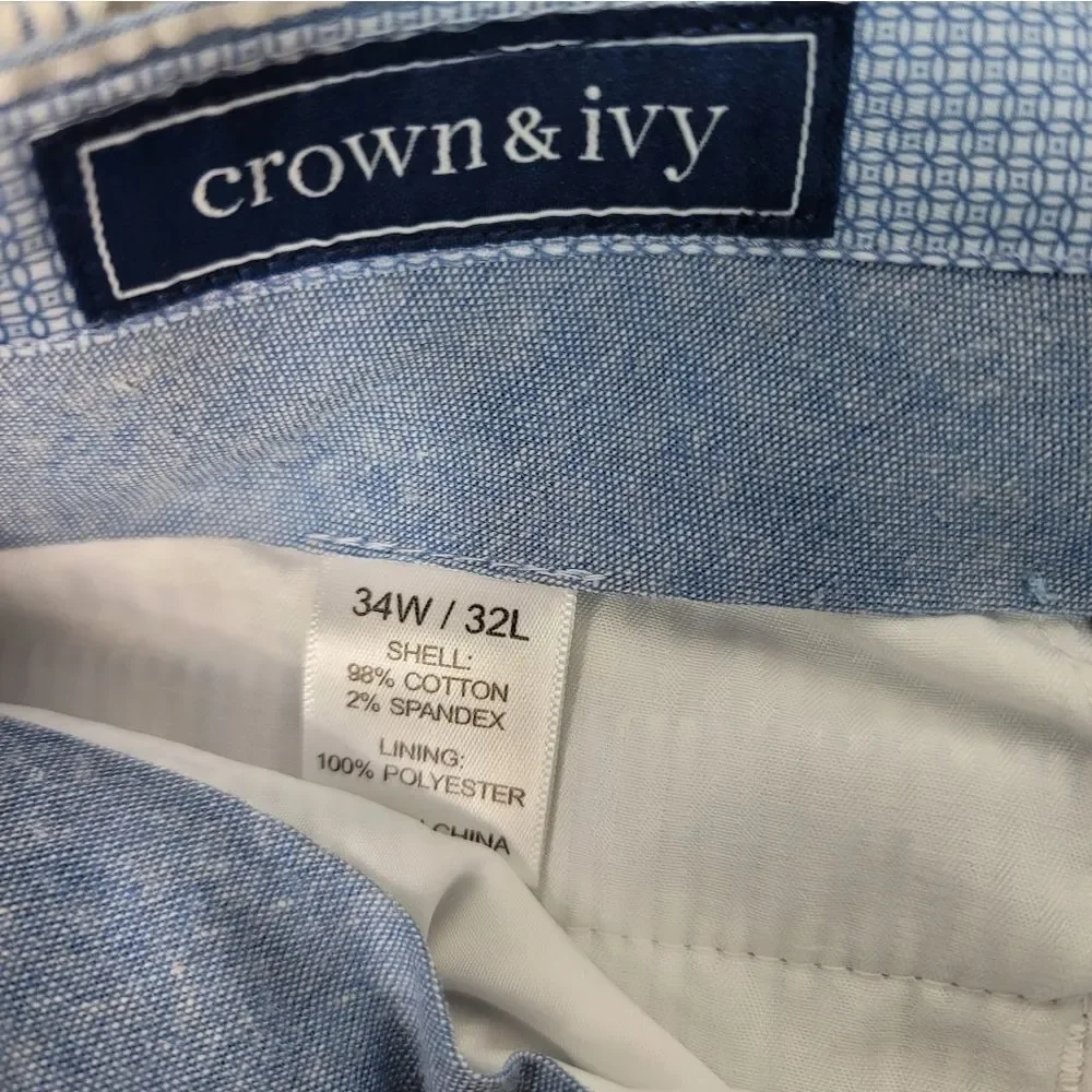 Crown & Ivy Seersucker Mens Modern Fit Pant Size 34W × 32L Blue White Striped